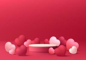 Valentine 3D background with realistic red, pink cylinder pedestal podium, Balloon hearts shape decorate. Minimal wall scene mockup product display. Abstract geometric forms. Round stage for showcase. vector