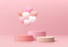 Valentine pink 3D background with realistic cylinder pedestal podium set, Floating balloon hearts shape. Pastel minimal wall scene mockup product display. Abstract geometric forms. Stage for showcase. vector