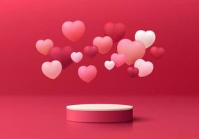 Valentine 3D red background with realistic pink cylinder pedestal podium, Floating flying hearts balloon. Minimal wall scene mockup product display. Abstract geometric forms. Round stage for showcase. vector