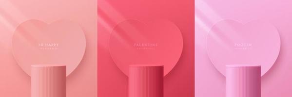 Set of 3D valentine day background with pink, coral red realistic cylinder stand podium. Heart shape backdrop. Vector geometric form. Mockup product display. Pastel minimal wall scene. Stage showcase.