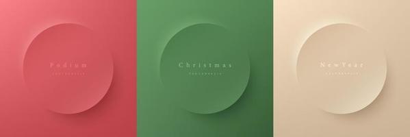 Set of abstract 3d beige, green and red round circle frame design for christmas product. Collection of trendy color geometric background with copy space. Top view pedestal podium scene. Vector EPS10