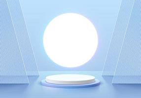 Futuristic 3D background with realistic blue cylinder pedestal podium, Illuminate circle neon and partition scene. Minimal wall scene mockup product display. Vector geometric forms. Stage for showcase