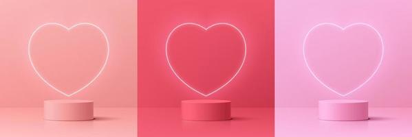 Set of 3D valentine day background with pink, coral red realistic cylinder pedestal podium. Neon light heart shape. Vector geometric form. Mockup product display. Minimal wall scene. Stage showcase.