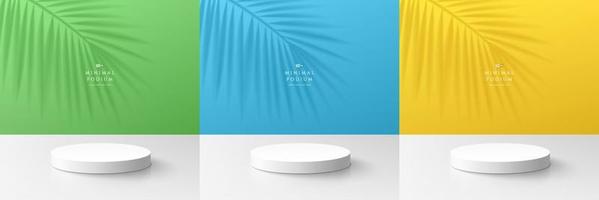 3D background, Realistic white cylinder pedestal podium with green, blue, yellow color wall scene and palm leaf shadow. Minimal scene for mockup product display. Vector geometric form. Stage showcase.