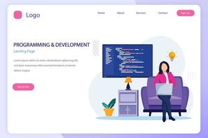 Programmers at work concept, People work on table using laptops programming and coding, programming languages. css, html, PHP, ui. Flat vector template style Suitable for Web Landing Pages.