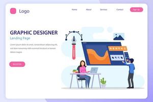concepto de diseño gráfico. equipo de diseñadores digitales dibujando con bolígrafo en el monitor de la computadora. estilo de plantilla de vector plano adecuado para páginas de destino web.