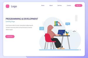 Programmers at work concept, People work on table using laptops programming and coding, programming languages. css, html, PHP, ui. Flat vector template style Suitable for Web Landing Pages.