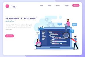 Programmers at work concept, People work on table using laptops programming and coding, programming languages. css, html, PHP, ui. Flat vector template style Suitable for Web Landing Pages.