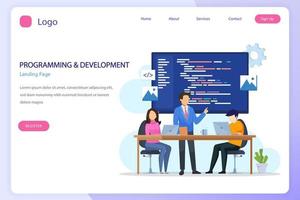 Programmers at work concept, People work on table using laptops programming and coding, programming languages. css, html, PHP, ui. Flat vector template style Suitable for Web Landing Pages.