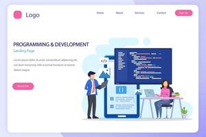 Programmers at work concept, People work on table using laptops programming and coding, programming languages. css, html, PHP, ui. Flat vector template style Suitable for Web Landing Pages.