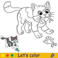 Cute cat eats a fish coloring with template vector