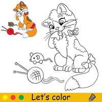 Cute cat with a toys coloring with template vector