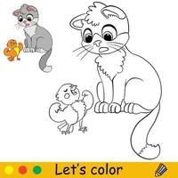 Cute surprised kitten and brave bird coloring with template vector