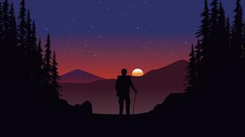 Amazing sunset in mountain forest with an explorer looking at the mountains. Vector nature landscape