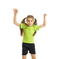 Square portrait of funny little girl with hands up in the air photo