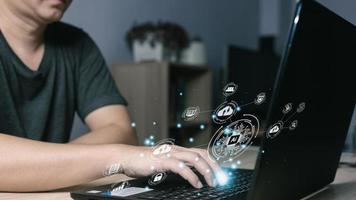 person use an Ai chip.new technology bigdata and business process strategy,customer service management.Digital transformation change management,internet of things.cloud computing.Ai technology. photo