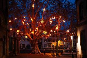 árbol cubierto de luces de estrellas de navidad foto