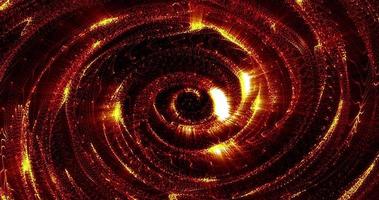 astratto sfondo arancia ardente imbuto turbine tunnel spirale su raggiante onde a partire dal neon Linee strisce e puntini futuristico hi-tech con splendore effetto, salvaschermo, video nel alto qualità 4k