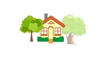 4K-Animation eines Hauses mit Bäumen und Zaun. Haus animierte Bewegungsgrafik mit weißem Hintergrund video