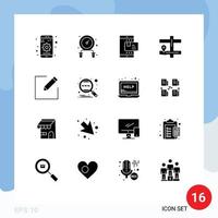 Mobile Interface Solid Glyph Set of 16 Pictograms of write compose online pin map Editable Vector Design Elements
