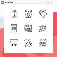 paquete de iconos vectoriales de stock de 9 signos y símbolos de línea para dispositivos de pausa dispositivo de fuego amor elementos de diseño vectorial editables vector