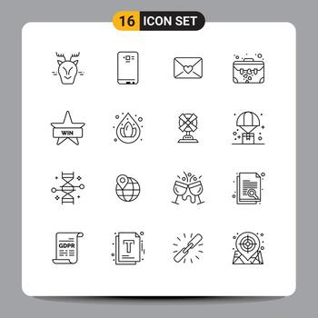 conjunto de esquemas de interfaz móvil de 16 pictogramas de insignias, maleta, cámara, bolsa, elementos de diseño vectorial editables vector