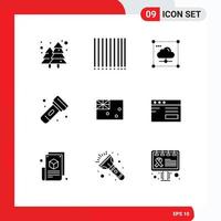 Mobile Interface Solid Glyph Set of 9 Pictograms of country aussie data torch flashlight Editable Vector Design Elements