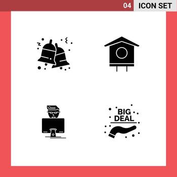 4 User Interface Solid Glyph Pack of modern Signs and Symbols of bell user jingle bird house programmer Editable Vector Design Elements