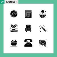 Pack of 9 Modern Solid Glyphs Signs and Symbols for Web Print Media such as camping transport globe plant leaf Editable Vector Design Elements