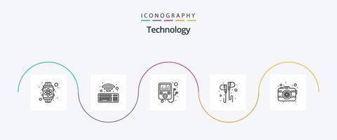 Technology Line 5 Icon Pack Including lens. photo. mp p. camera. music vector