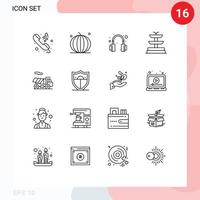 Mobile Interface Outline Set of 16 Pictograms of shield quad vegetables bike fountain Editable Vector Design Elements