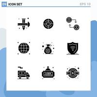 Pictogram Set of 9 Simple Solid Glyphs of bag of clover network navigation globe connected Editable Vector Design Elements