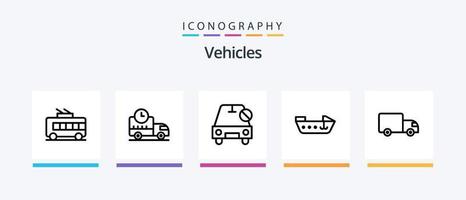 Vehicles Line 5 Icon Pack Including vehicles. important. bus. car. shop on wheels. Creative Icons Design vector