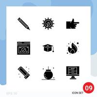 Pack of 9 Modern Solid Glyphs Signs and Symbols for Web Print Media such as business education thumbs up cap web Editable Vector Design Elements