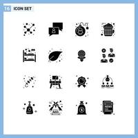 Mobile Interface Solid Glyph Set of 16 Pictograms of hostel bed danger hot cocoa Editable Vector Design Elements