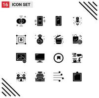 16 User Interface Solid Glyph Pack of modern Signs and Symbols of record day connect iphone mobile Editable Vector Design Elements