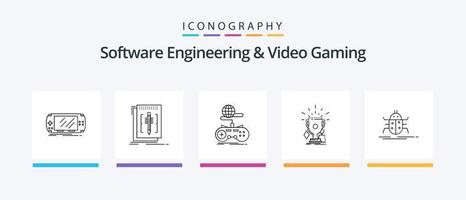 paquete de íconos de la línea 5 de ingeniería de software y videojuegos que incluye la unidad. vr. descargar. virtual. realidad. diseño de iconos creativos vector