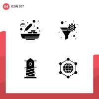 4 User Interface Solid Glyph Pack of modern Signs and Symbols of bowl lighthouse soup funnel global Editable Vector Design Elements