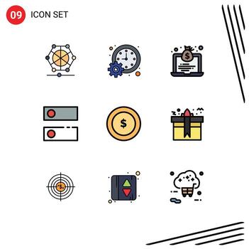 Set of 9 Vector Filledline Flat Colors on Grid for coin system time setting money Editable Vector Design Elements