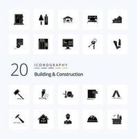 Paquete de 20 iconos de glifos sólidos de construcción y construcción como elevador de camiones de construcción de transporte interior vector