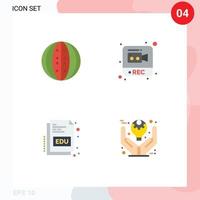 Pack of 4 creative Flat Icons of drink book melon record education Editable Vector Design Elements