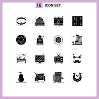 Modern Set of 16 Solid Glyphs Pictograph of photo camera calendar aperture group Editable Vector Design Elements