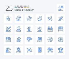 Paquete de iconos de ciencia y tecnología de 25 colores azules que incluye microbiología. prueba química ciencia de la materia. tubo de ensayo. cristalería de laboratorio vector