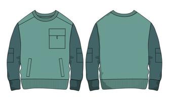 Fleece fabric Long sleeve with pocket Sweatshirt jacket technical drawing fashion Flat Sketch vector illustration template front and back views.