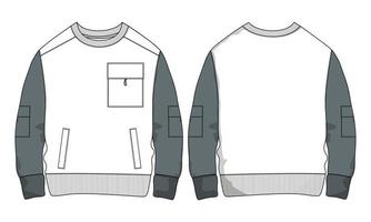 Fleece fabric Long sleeve with pocket Sweatshirt jacket technical drawing fashion Flat Sketch vector illustration template front and back views.