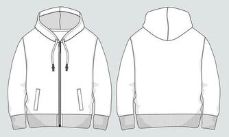 Long sleeve Hoodie technical drawing fashion Flat Sketch vector illustration template front and back views.