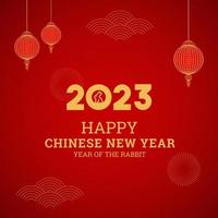 feliz año nuevo chino 2023 diseño de fondo rojo año del conejo con linterna china y patrón vector