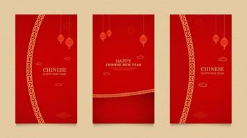 Chinese Happy New Year Social Media Stories Template with Chinese Pattern Brushes Border and Chinese Style Lanterns vector