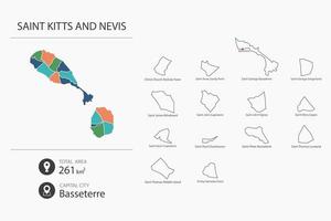 Map of Saint Kitts and Nevis with detailed country map. Map elements of cities, total areas and capital. vector