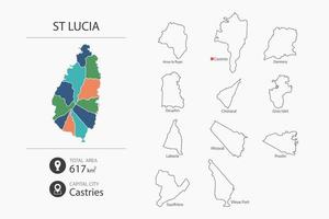 Map of St Lucia with detailed country map. Map elements of cities, total areas and capital. vector